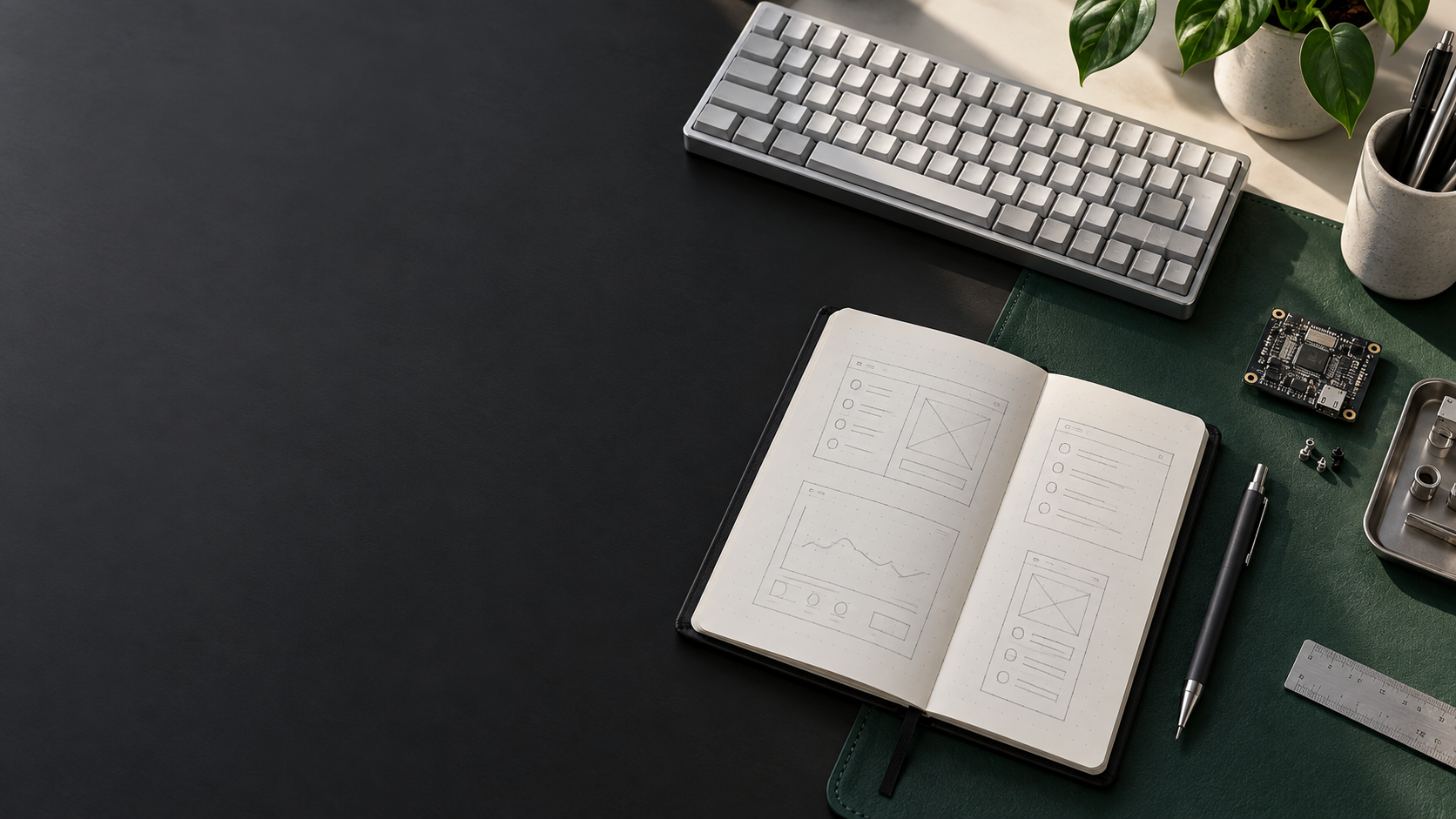 Illustrative software-design workbench with a keyboard, notebook, and circuit board